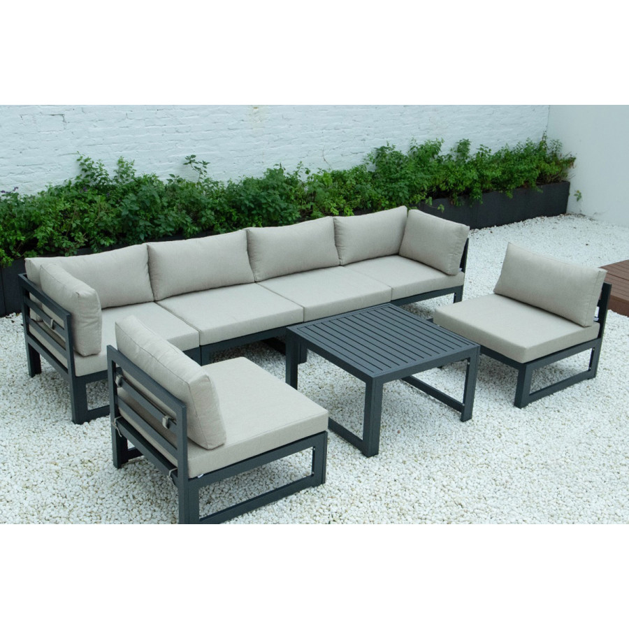 LeisureMod Chelsea 7-Piece Patio Sectional and Coffee Table Set Black Aluminum with Cushions - Beige