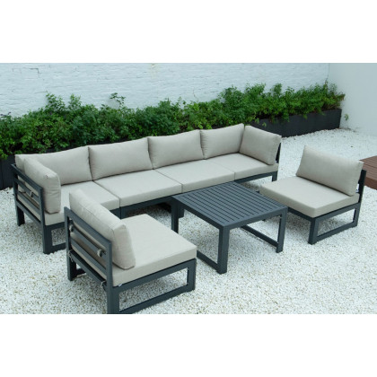 LeisureMod Chelsea 7-Piece Patio Sectional and Coffee Table Set Black Aluminum with Cushions - Beige