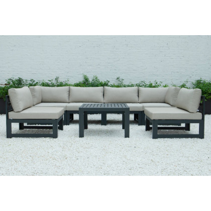 LeisureMod Chelsea 7-Piece Patio Sectional and Coffee Table Set Black Aluminum with Cushions - Beige