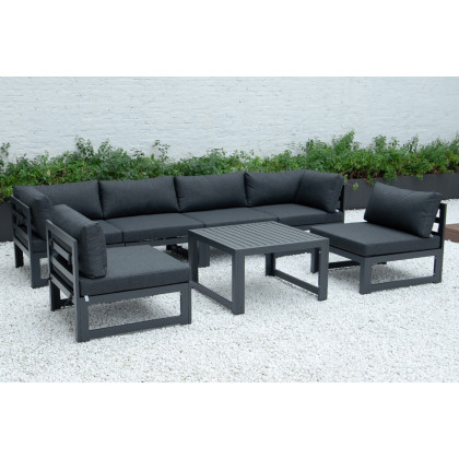 LeisureMod Chelsea 7-Piece Patio Sectional and Coffee Table Set Black Aluminum with Cushions - Black