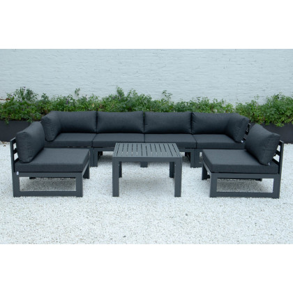 LeisureMod Chelsea 7-Piece Patio Sectional and Coffee Table Set Black Aluminum with Cushions - Black