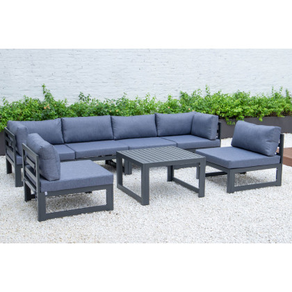 LeisureMod Chelsea 7-Piece Patio Sectional and Coffee Table Set Black Aluminum with Cushions - Blue