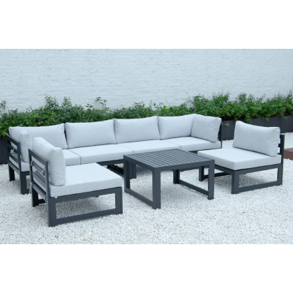 LeisureMod Chelsea 7-Piece Patio Sectional and Coffee Table Set Black Aluminum with Cushions - Light Gray