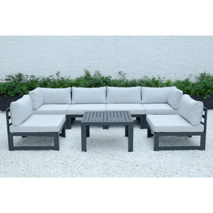 LeisureMod Chelsea 7-Piece Patio Sectional and Coffee Table Set Black Aluminum with Cushions - Light Gray