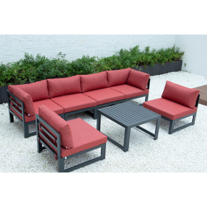 LeisureMod Chelsea 7-Piece Patio Sectional and Coffee Table Set Black Aluminum with Cushions - Red