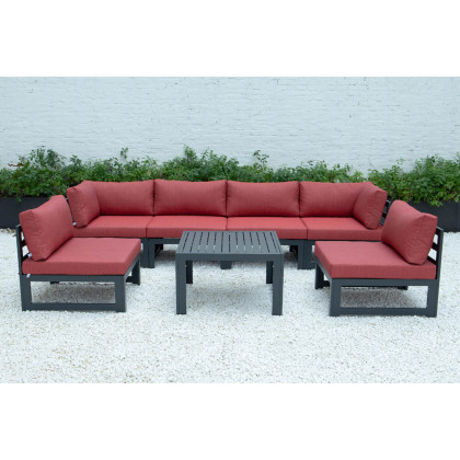 LeisureMod Chelsea 7-Piece Patio Sectional and Coffee Table Set Black Aluminum with Cushions - Red