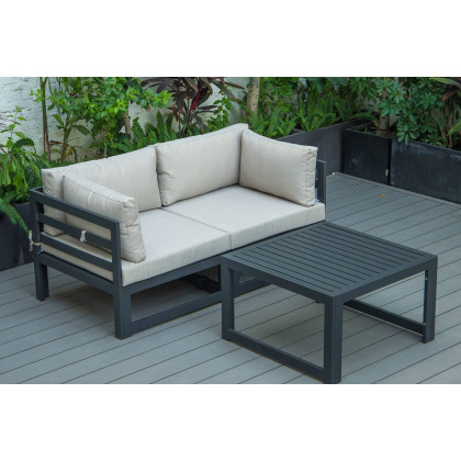 LeisureMod Chelsea 3-Piece Sectional Loveseat and Coffee Table Set Black Aluminum with Cushions - Beige