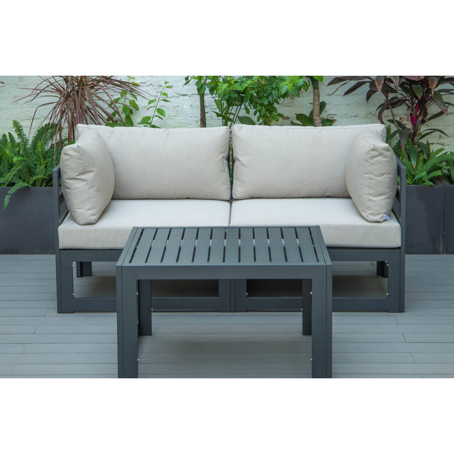 LeisureMod Chelsea 3-Piece Sectional Loveseat and Coffee Table Set Black Aluminum with Cushions - Beige