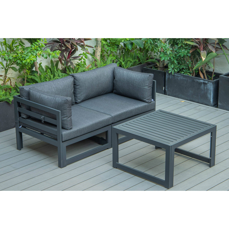 LeisureMod Chelsea 3-Piece Sectional Loveseat and Coffee Table Set Black Aluminum with Cushions - Black