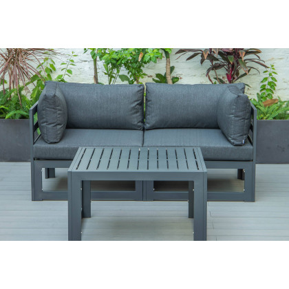 LeisureMod Chelsea 3-Piece Sectional Loveseat and Coffee Table Set Black Aluminum with Cushions - Black