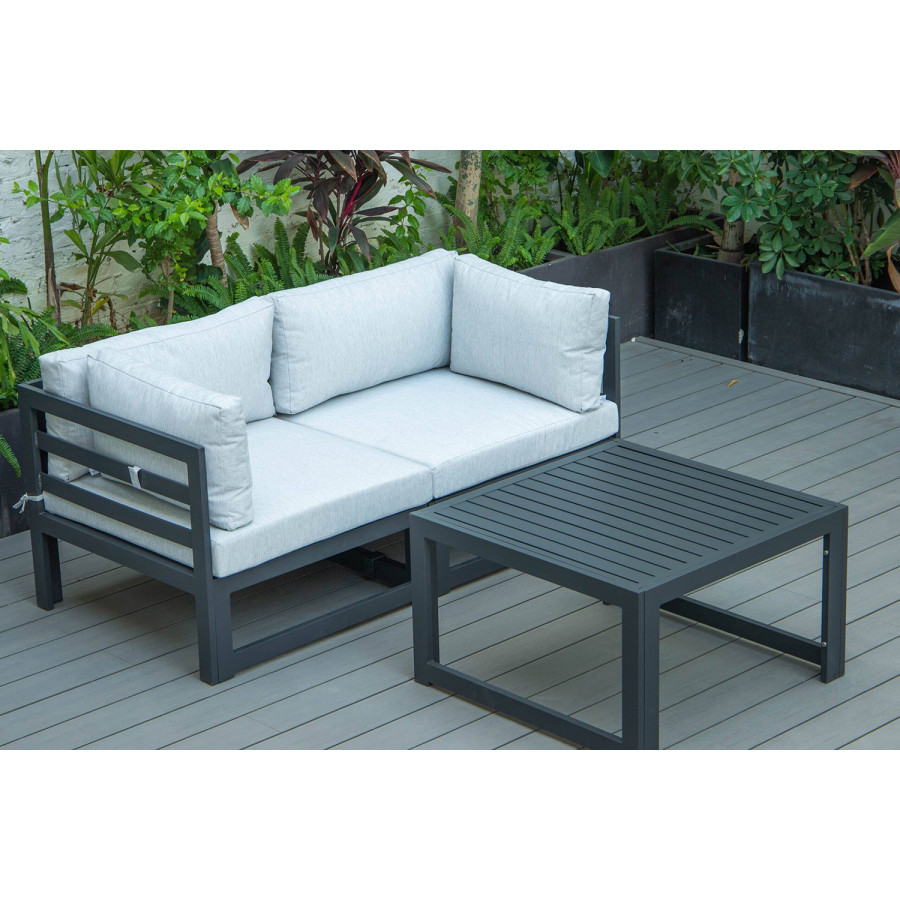 LeisureMod Chelsea 3-Piece Sectional Loveseat and Coffee Table Set Black Aluminum with Cushions - Light Gray
