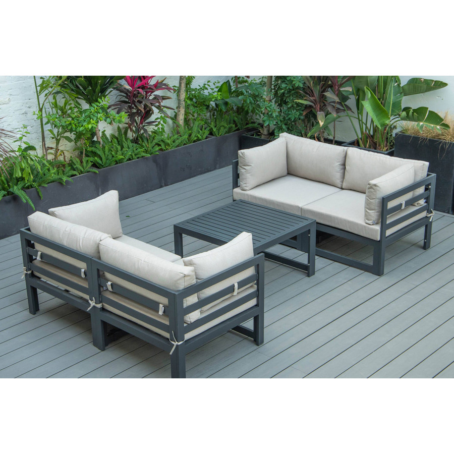 LeisureMod Chelsea 5-Piece Sectional Loveseat and Coffee Table Set Black Aluminum with Cushions - Beige