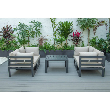 LeisureMod Chelsea 5-Piece Sectional Loveseat and Coffee Table Set Black Aluminum with Cushions - Beige