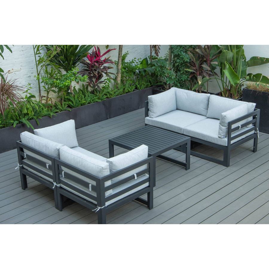 LeisureMod Chelsea 5-Piece Sectional Loveseat and Coffee Table Set Black Aluminum with Cushions - Light Gray