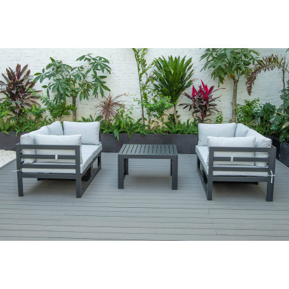 LeisureMod Chelsea 5-Piece Sectional Loveseat and Coffee Table Set Black Aluminum with Cushions - Light Gray
