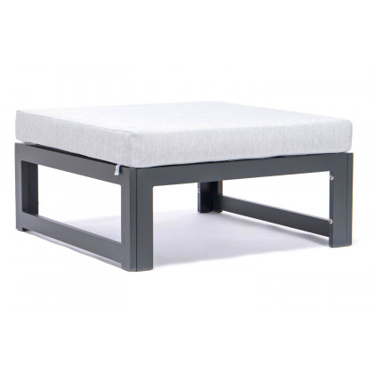 LeisureMod Chelsea 7-Piece Patio Ottoman Sectional and Coffee Table Set Black Aluminum with Cushions - Light Gray