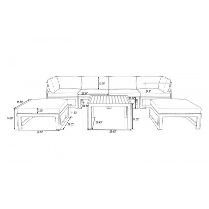 LeisureMod Chelsea 7-Piece Patio Ottoman Sectional and Coffee Table Set Black Aluminum with Cushions - Red