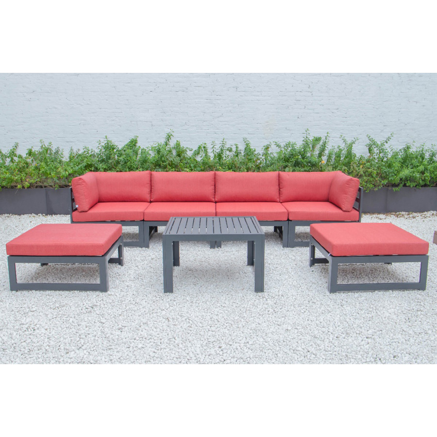 LeisureMod Chelsea 7-Piece Patio Ottoman Sectional and Coffee Table Set Black Aluminum with Cushions - Red