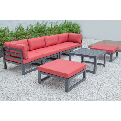 LeisureMod Chelsea 7-Piece Patio Ottoman Sectional and Coffee Table Set Black Aluminum with Cushions - Red