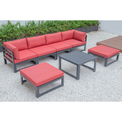 LeisureMod Chelsea 7-Piece Patio Ottoman Sectional and Coffee Table Set Black Aluminum with Cushions - Red
