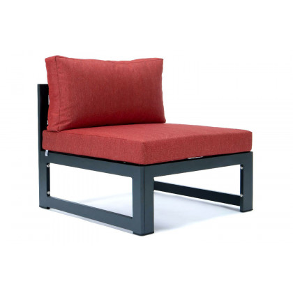 LeisureMod Chelsea 7-Piece Patio Ottoman Sectional and Coffee Table Set Black Aluminum with Cushions - Red