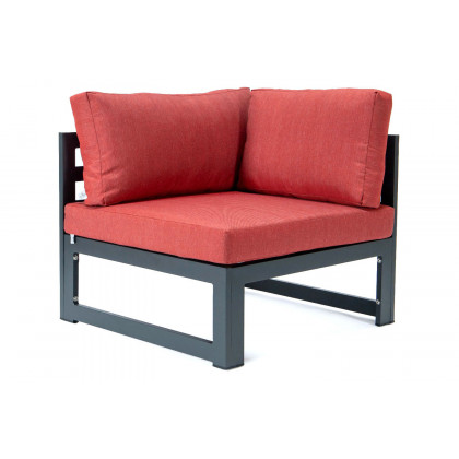 LeisureMod Chelsea 7-Piece Patio Ottoman Sectional and Coffee Table Set Black Aluminum with Cushions - Red