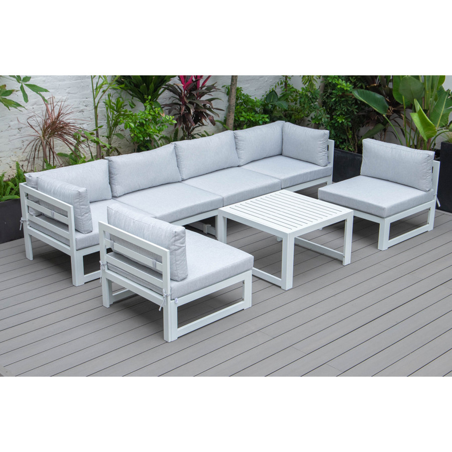 LeisureMod Chelsea 7-Piece Patio Sectional and Coffee Table Set In White Aluminum with Cushions - Light Gray