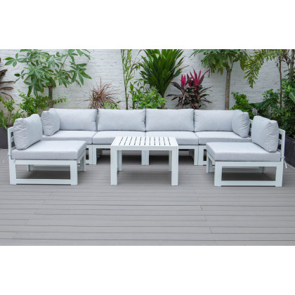 LeisureMod Chelsea 7-Piece Patio Sectional and Coffee Table Set In White Aluminum with Cushions - Light Gray