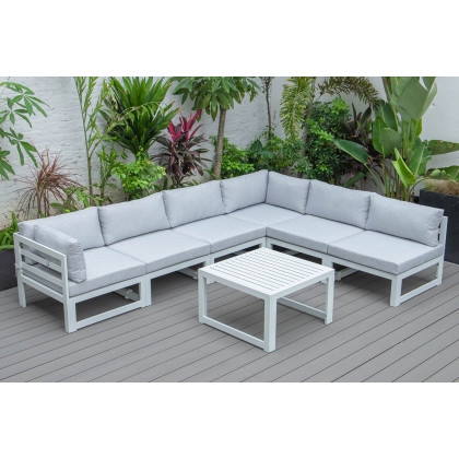 LeisureMod Chelsea 7-Piece Patio Sectional and Coffee Table Set In White Aluminum with Cushions - Light Gray