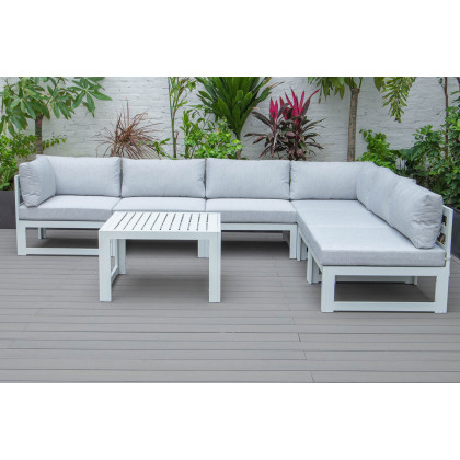 LeisureMod Chelsea 7-Piece Patio Sectional and Coffee Table Set In White Aluminum with Cushions - Light Gray
