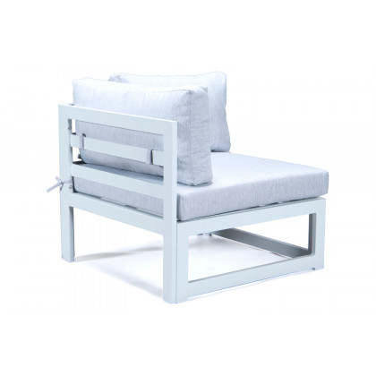 LeisureMod Chelsea 7-Piece Patio Sectional and Coffee Table Set In White Aluminum with Cushions - Light Gray