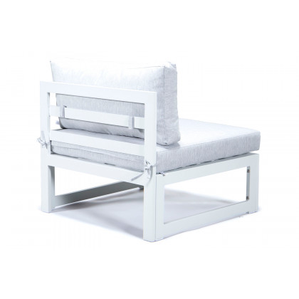 LeisureMod Chelsea 7-Piece Patio Sectional and Coffee Table Set In White Aluminum with Cushions - Light Gray