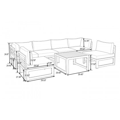 LeisureMod Chelsea 7-Piece Patio Sectional and Coffee Table Set In White Aluminum with Cushions - Orange