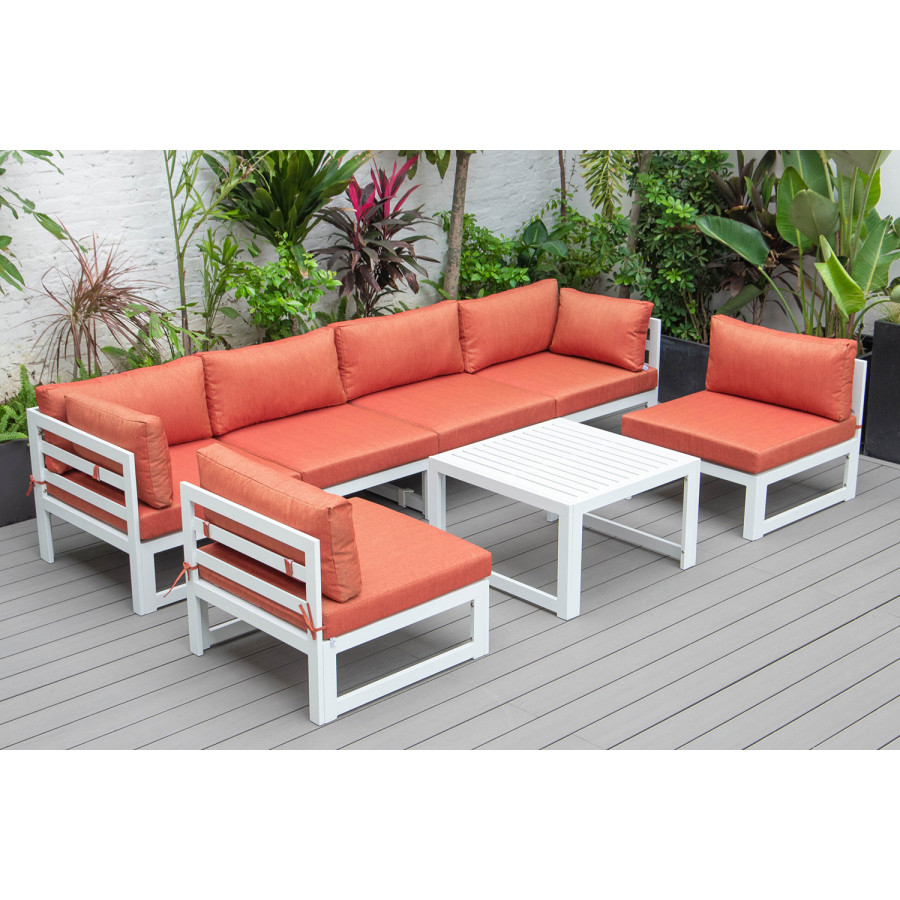 LeisureMod Chelsea 7-Piece Patio Sectional and Coffee Table Set In White Aluminum with Cushions - Orange
