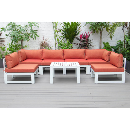 LeisureMod Chelsea 7-Piece Patio Sectional and Coffee Table Set In White Aluminum with Cushions - Orange