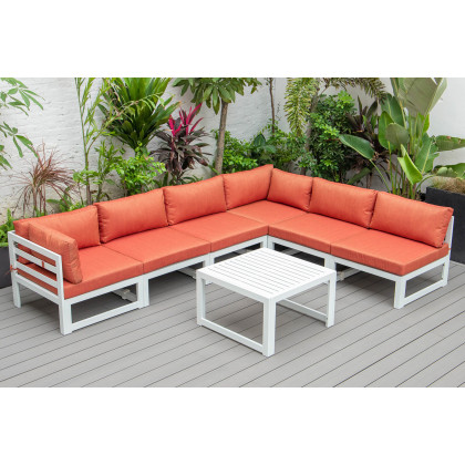LeisureMod Chelsea 7-Piece Patio Sectional and Coffee Table Set In White Aluminum with Cushions - Orange