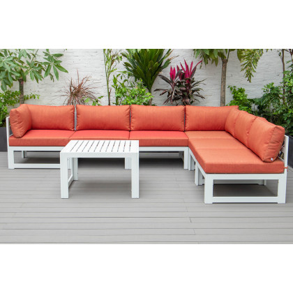 LeisureMod Chelsea 7-Piece Patio Sectional and Coffee Table Set In White Aluminum with Cushions - Orange