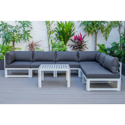 LeisureMod Chelsea 7-Piece Patio Sectional and Coffee Table Set In Weathered Gray Aluminum with Cushions - Black