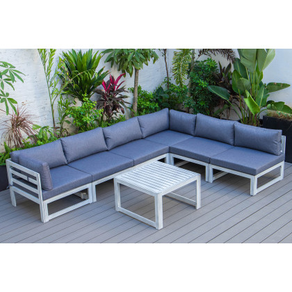 LeisureMod Chelsea 7-Piece Patio Sectional and Coffee Table Set In Weathered Gray Aluminum with Cushions - Blue