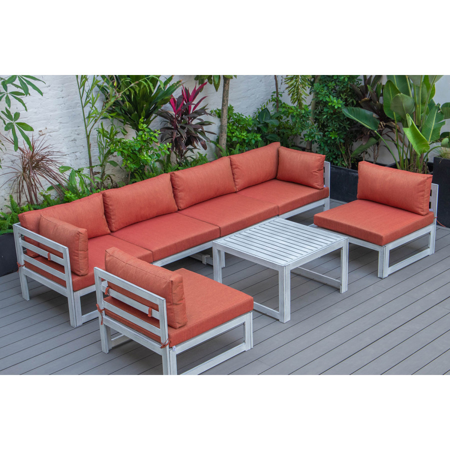 LeisureMod Chelsea 7-Piece Patio Sectional and Coffee Table Set In Weathered Gray Aluminum with Cushions - Orange