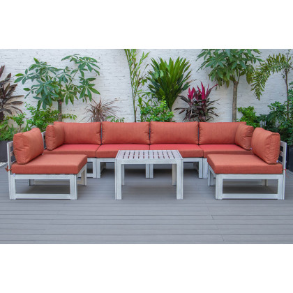 LeisureMod Chelsea 7-Piece Patio Sectional and Coffee Table Set In Weathered Gray Aluminum with Cushions - Orange