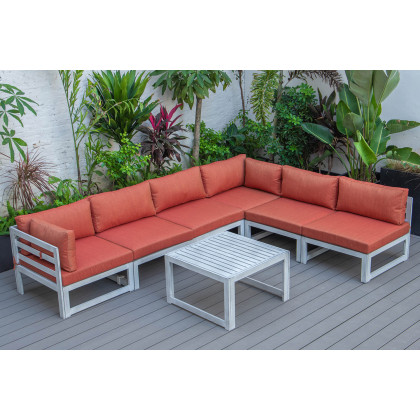 LeisureMod Chelsea 7-Piece Patio Sectional and Coffee Table Set In Weathered Gray Aluminum with Cushions - Orange