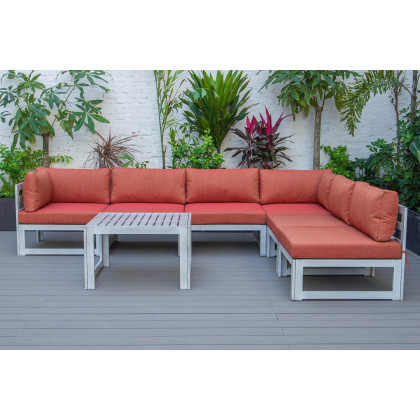 LeisureMod Chelsea 7-Piece Patio Sectional and Coffee Table Set In Weathered Gray Aluminum with Cushions - Orange