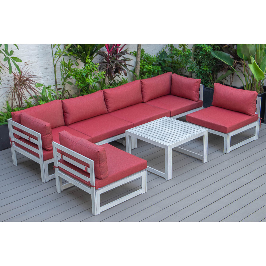 LeisureMod Chelsea 7-Piece Patio Sectional and Coffee Table Set In Weathered Gray Aluminum with Cushions - Red