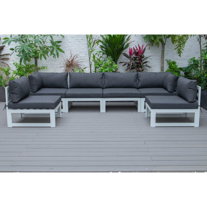 LeisureMod Chelsea 6-Piece Patio Sectional In White Aluminum with Cushions - Black