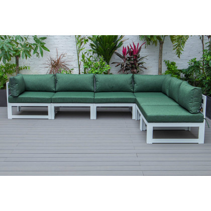 LeisureMod Chelsea 6-Piece Patio Sectional In White Aluminum with Cushions - Green
