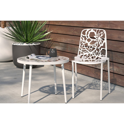 LeisureMod Devon Modern Flower Design Outdoor Aluminum Dining Chair - White