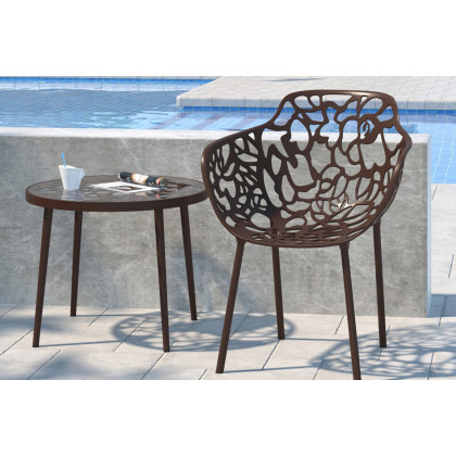 LeisureMod Devon Modern Flower Design Outdoor Aluminum Dining Armchair - Brown