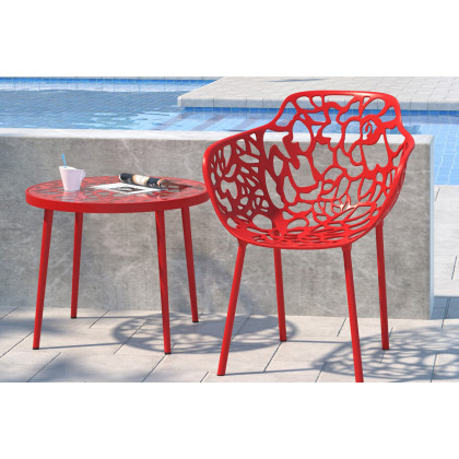 LeisureMod Devon Modern Flower Design Outdoor Aluminum Dining Armchair - Red