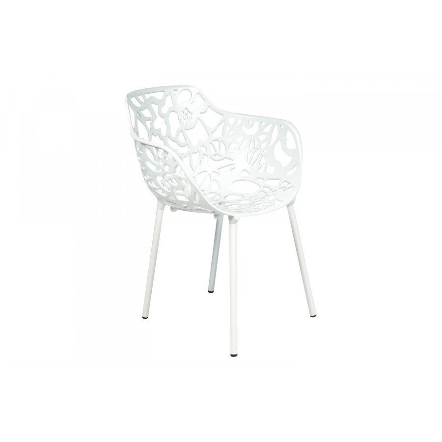 LeisureMod Devon Modern Flower Design Outdoor Aluminum Dining Armchair - White